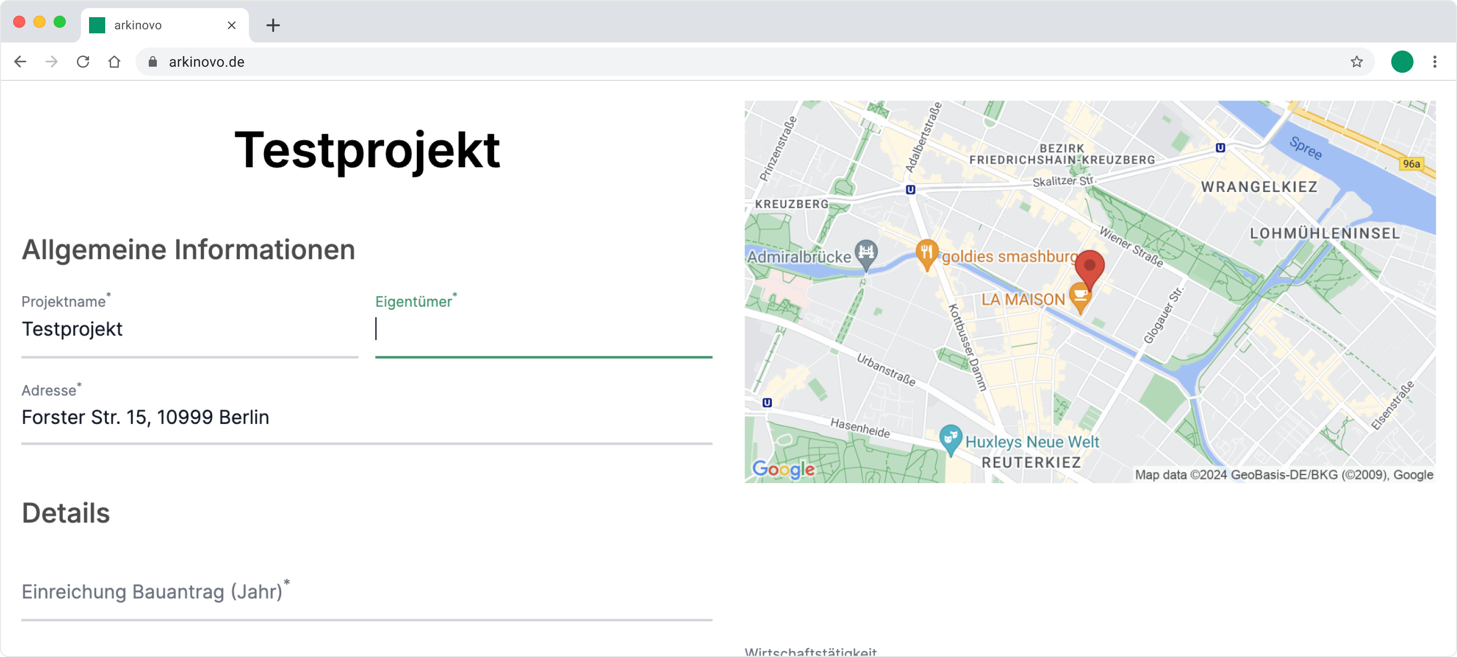 Übersichtsseite zum Anlegen eines nachhaltigen Bauvorhabens